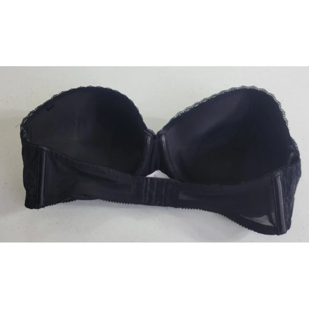 Lily of France Strapless Bra Underwire Padded Lace Trim Lingerie Black 36D